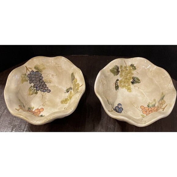 Tabletops Unlimited Cabernet Ruffle Edge Bowls Set Of 2 Grapes Hand Painted - Picture 2 of 5